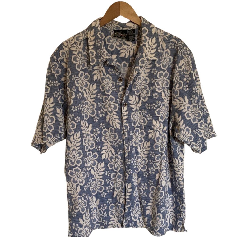 OP Men's Short Sleeve‎ Button Up in Blue and White Floral Size Large